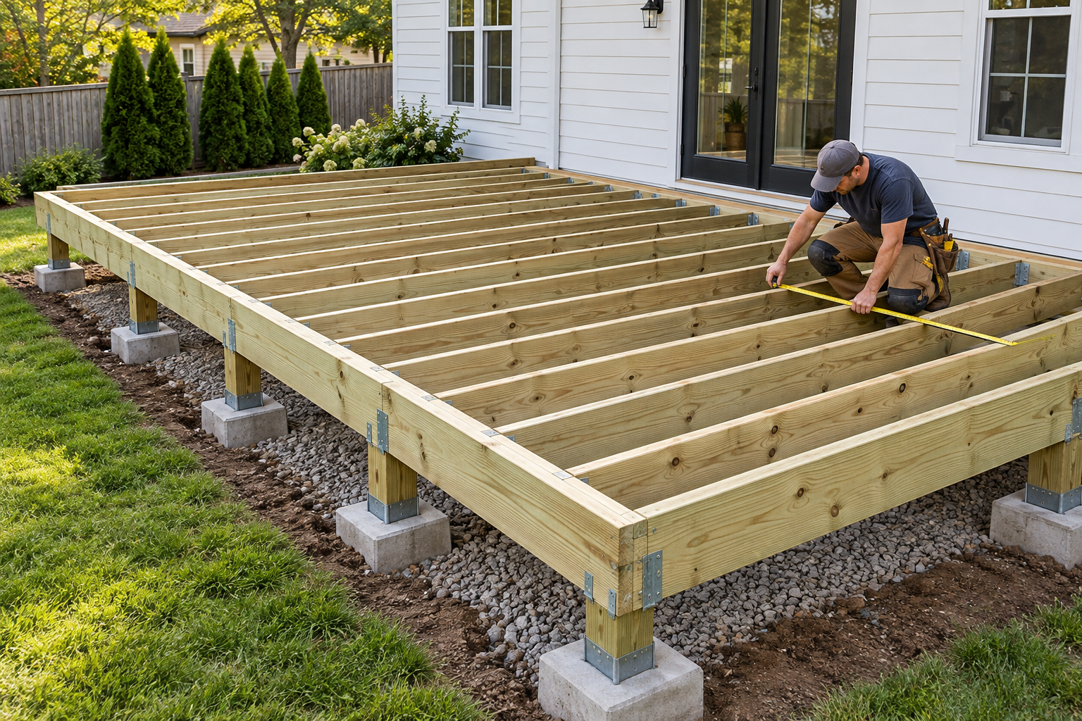 Deck framing in progress: Beams, joists & the deck footprint
