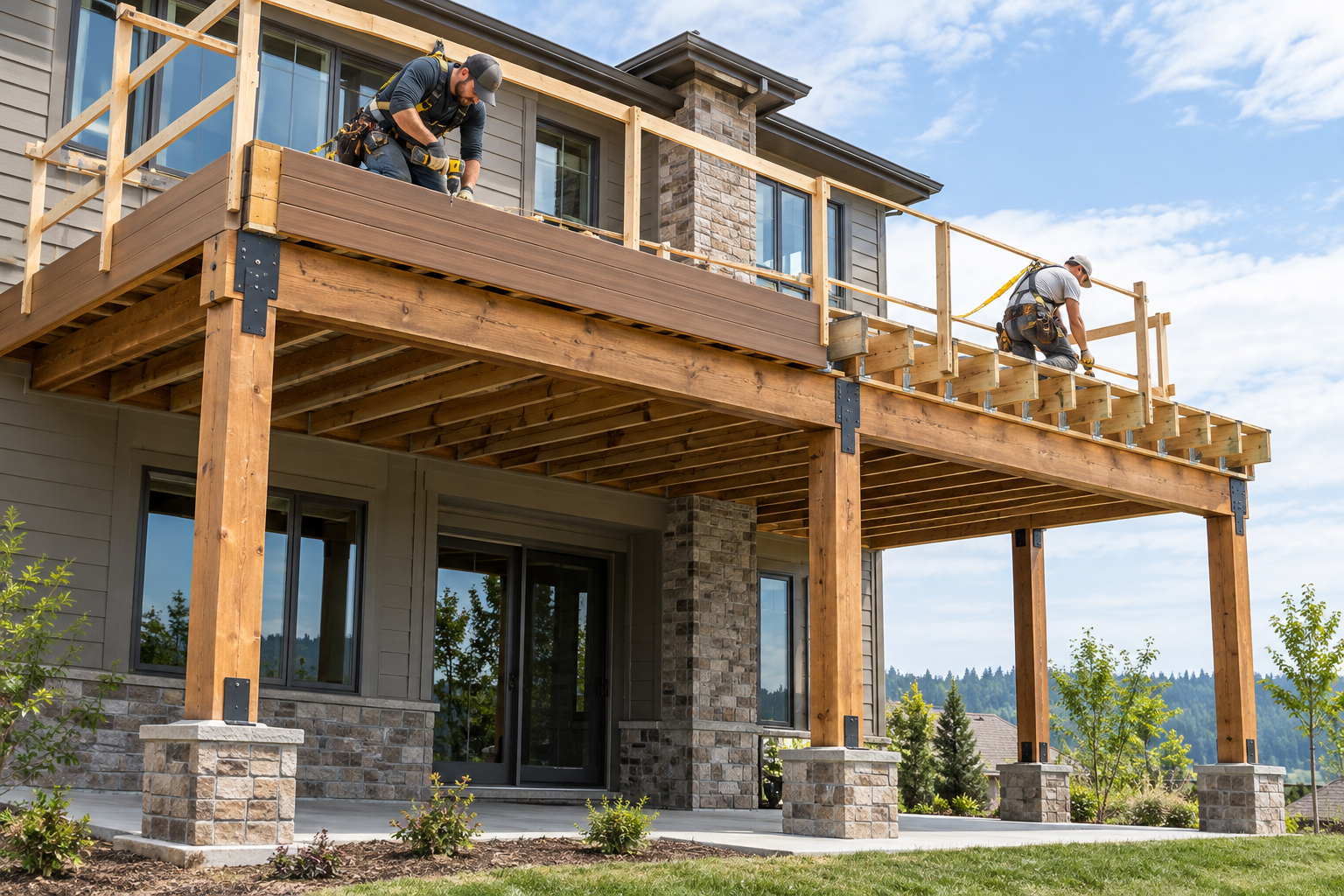 Raised deck construction: Posts, beams & composite decking in progress