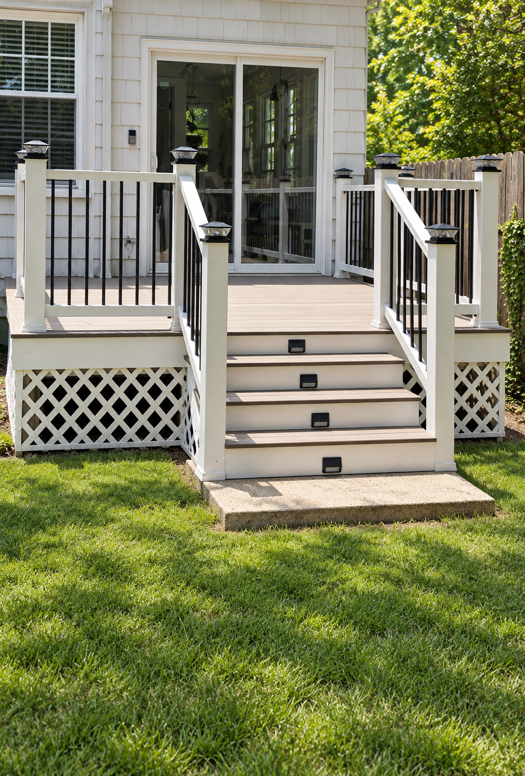 Finished deck & entry steps: White railing, black balusters, step lighting & lattice