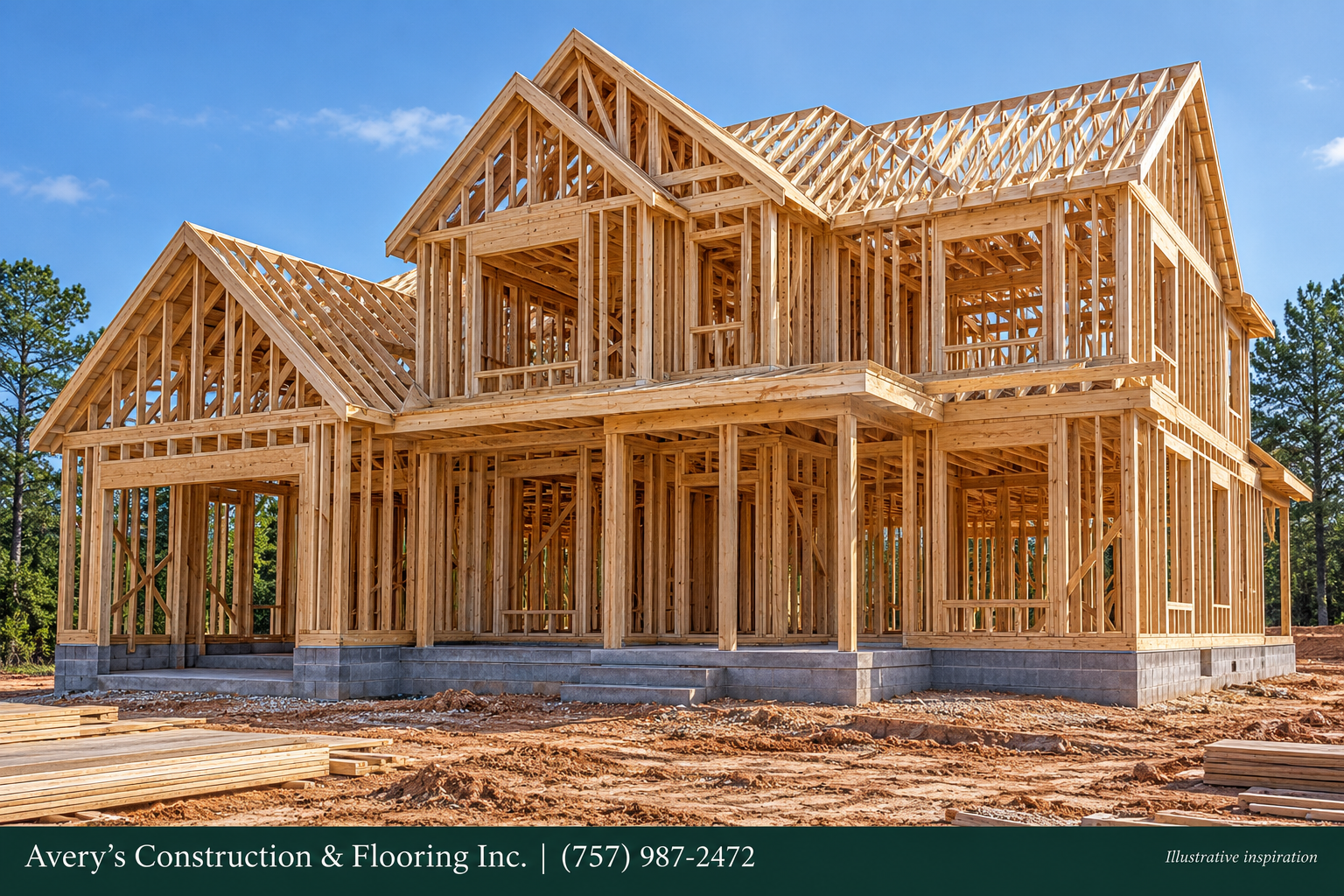 Front view: two-story wood framing; Exposed wood studs, window openings & roof trusses