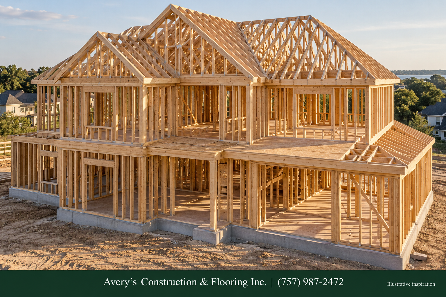 Wood roof trusses from above; Elevated view · gables, trusses and house structure